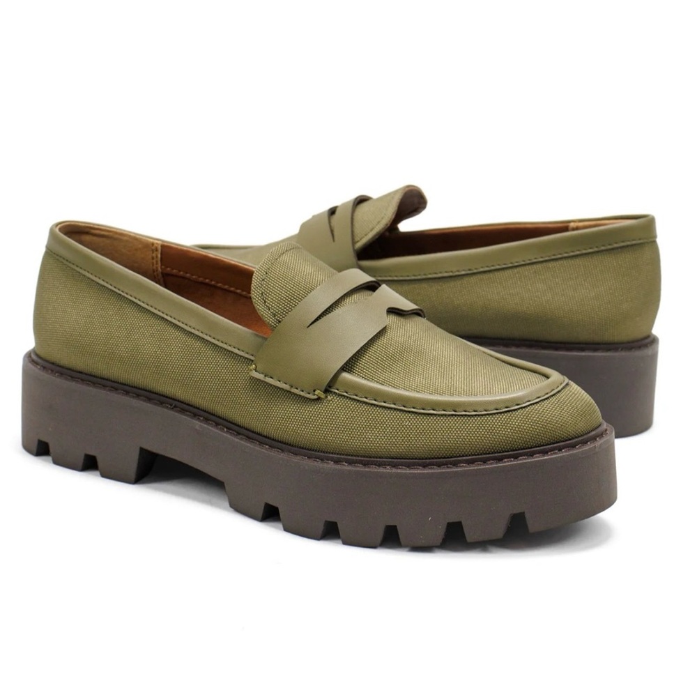 Franco Sarto size 7.5 Balin 2 Lug Sole Chunky Loafers - Olive Green Canvas